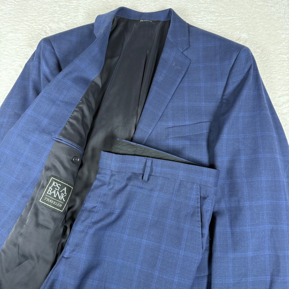 Jos. A. Bank Traveler Mens 46R/40 Blue Wool Windowpane L/S Button Up Suit